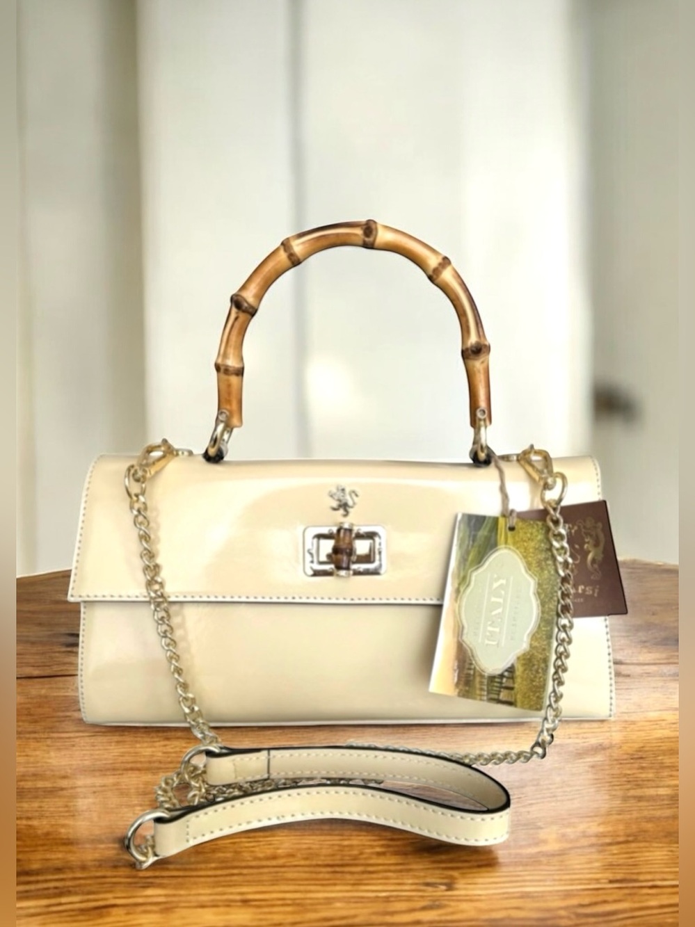 🆕 Pratesi Firenze Castalia Baguette Bag Patent Ivory Shoulder Bag